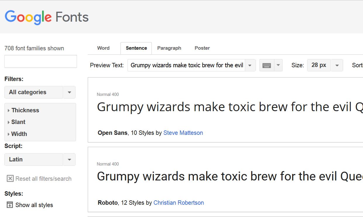 screenshot from google.com/fonts